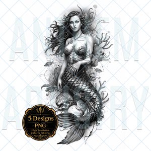 May include: A black and white digital illustration of a mermaid with long flowing hair, a detailed scaled tail, and a human torso. The mermaid is surrounded by coral, small fish, and a skull. A black badge with gold text reads 5 Designs PNG.