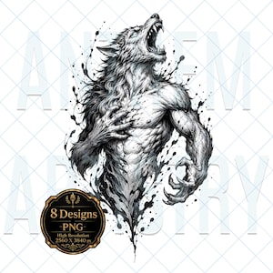 Diseño de tatuaje de hombre lobo. PNG, 8 diseños, Flash de tatuaje de lobo oscuro, Arte de hombre lobo de terror, Impresiones, Diseño de tatuaje de monstruo gótico sobre lienzo