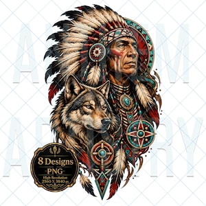 Könnte beinhalten: Eine digitale Illustration, die eine Person mit einem großen Federschmuck und einen davor positionierten Wolf zeigt. Das Kunstwerk enthält geometrische kreisförmige Motive, rote und türkisfarbene Akzente sowie ein schwarzes Abzeichen mit dem Text 8 Designs PNG.