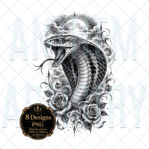 May include: A black and white digital illustration of a cobra with its mouth open, fangs exposed, and tongue extended. The snake is surrounded by roses, swirling smoke, and a full moon. A badge in the corner reads 8 Designs PNG High Resolution 2560 X 3840 px.