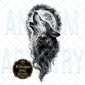 Può includere: Un'illustrazione digitale di un lupo che ulula alla luna piena, circondato da fumo e nebbia vorticosi. L'opera presenta toni contrastanti di nero, bianco e grigio. Un badge circolare mostra il testo 8 Designs PNG High Resolution 2560 X 3840 px.