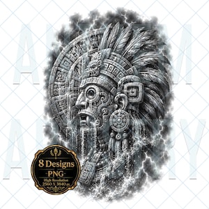 Pode incluir: Uma ilustração digital em tons de cinza de uma divindade asteca com textura de pedra de perfil, usando um cocar de penas elaborado e ornamentos circulares nas orelhas. A água escorre sobre a figura contra um fundo de nuvens de tempestade.
