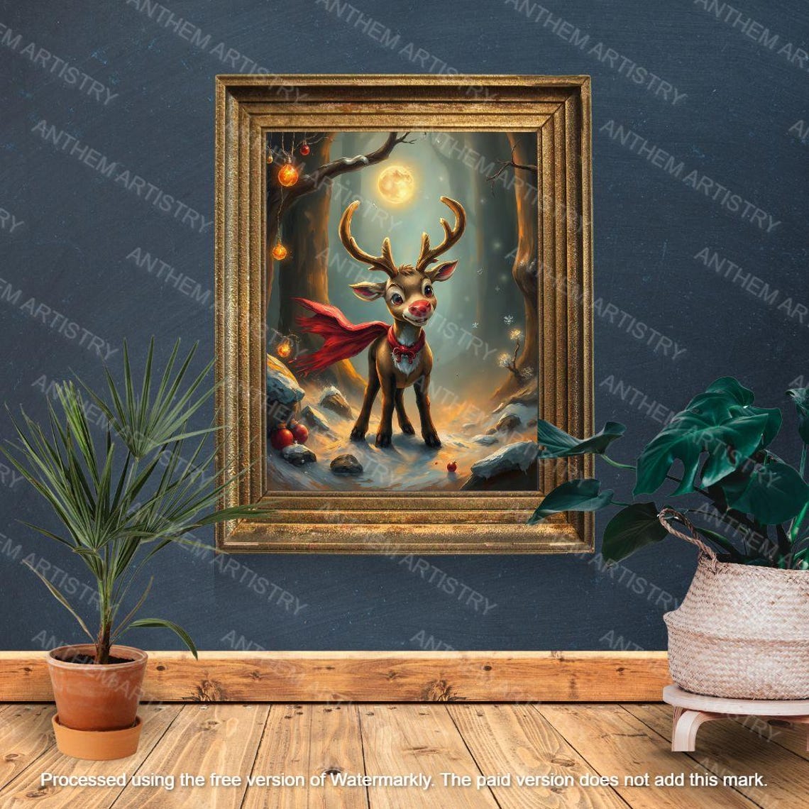 Rudolph Painting Reindeer Cute Print, Whimsical Deer Christmas, Red