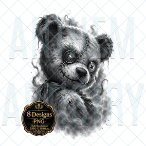 Könnte beinhalten: Eine digitale Graustufen-Illustration eines zerlumpten Teddybären mit Knopfaugen, sichtbaren Nähten und ausgefranstem Aussehen. Der Bär ist von wirbelnden Raucheffekten umgeben. Ein kreisförmiges Abzeichen zeigt den Text 8 Designs PNG.