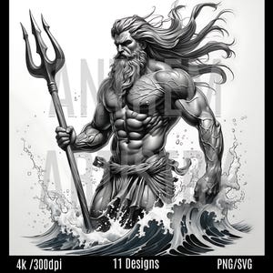 Poseidon - Greek God | 11 Designs | High Resolution 4K | Tattoos | Canvas | Prints | Black and White SVG Stencils (Digital Download)