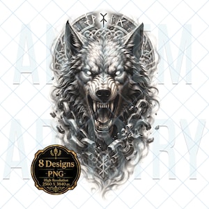 Fenrir Tattoo Design Bundle | Chiaroscuro Vol 1 | 8 Designs | High Res | PNG | Tattoos | Prints | Canvas | Norse Wolf | Digital Download