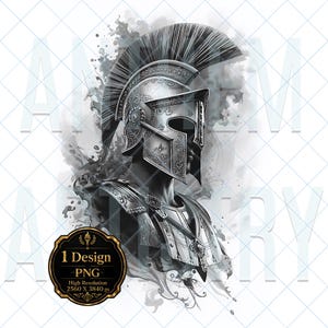 May include: A greyscale digital illustration of a Roman-style helmet with a crest and ornate metal engravings, paired with matching chest armour. The design features a black and white watercolour-style background and a circular badge with the text 1 Design PNG.