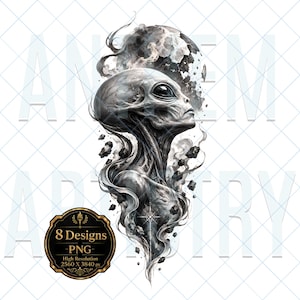 Può includere: Un'illustrazione digitale di una testa e spalle di alieno grigio circondate da fumo vorticoso e rocce scure fluttuanti. Un badge nero mostra il testo 8 Designs PNG High Resolution 2560 X 3840 px.