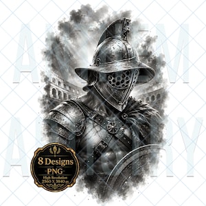 Könnte beinhalten: Eine digitale Illustration eines Gladiators, der einen metallischen Helm mit Gesichtsschutz und Schulterpanzerung trägt. Die Figur ist vor einem steinernen Amphitheater mit Raucheffekten platziert. Ein schwarzes Abzeichen zeigt 8 Designs PNG 2560 X 3840 px.