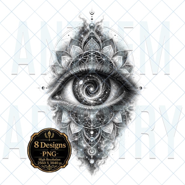 Wurmlochauge – Heilige Geometrie, 8er-Design-Bundle (PNG), Surrealistische Augenkunst, Science-Fiction-Vision, Tattoo-Vorlagen, Drucke, Leinwand, Digitaler Download