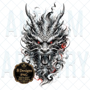 May include: A digital illustration of a fierce dragon head with detailed grey scales, sharp horns, and glowing red eyes. The dragon has an open mouth with visible fangs, surrounded by swirling smoke. A black badge displays 8 Designs PNG 2560 X 3840 px.