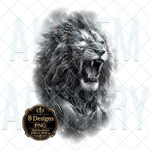 May include: A digital illustration of a roaring lion with cybernetic enhancements, featuring metallic plating and glowing mechanical components integrated into its fur. The artwork is rendered in shades of black, white, and gray with a glowing eye.