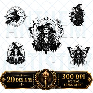 May include: A collection of five black and white digital illustrations featuring witches with celestial motifs, including a witch on a broomstick, a lantern-holding witch, and a winged witch. A gold banner at the bottom displays 20 DESIGNS 300 DPI.