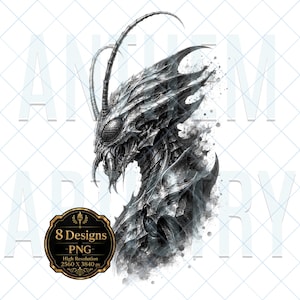May include: A digital illustration of a metallic, insect-like creature with sharp, segmented armor, large multifaceted eyes, and long antennae. The artwork features a monochromatic, ink-wash style with detailed shading and a dark, textured finish.