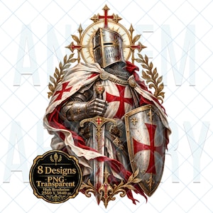 May include: A digital illustration of a medieval knight in silver plate armor wearing a white surcoat with a red cross. The knight holds a sword and a shield featuring a red cross, framed by golden laurel leaves and a cross emblem above the helmet.
