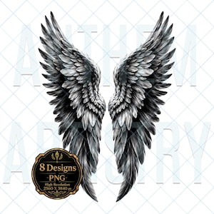 Puede incluir: Un par de alas grandes y detalladas de plumas en blanco y negro que se extienden hacia arriba. Un emblema circular negro y dorado en la esquina inferior izquierda muestra el texto 8 Designs PNG High Resolution 2560 X 3840 px, con ANTHEM ARTISTRY.