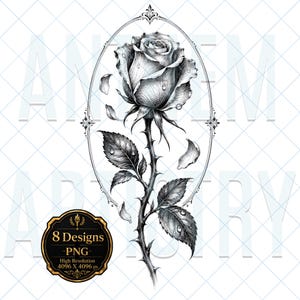 Rosa com Espinhos - 8 Desenhos, PNG, Desenho de Tatuagem de Rosa com Espinhos, Arte Floral Gótica, Flash de Tatuagem Botânica, Impressões, Tela, Download Digital