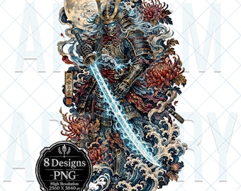 May include: A digital illustration of a samurai in dark armor holding a glowing blue katana, surrounded by red chrysanthemums, swirling waves, and a full moon. A black circular badge displays the text 8 Designs PNG High Resolution 2560 X 3840 px.