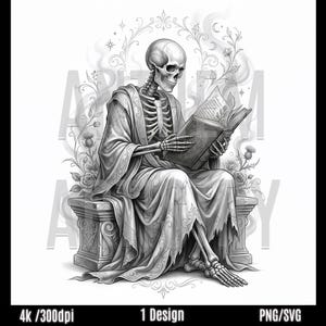 Puede incluir: Ilustración en blanco y negro de un esqueleto leyendo un libro, sentado en un banco de piedra. El esqueleto lleva una túnica y está rodeado de motivos florales y celestiales. La palabra "ARTEMIA" es parcialmente visible.