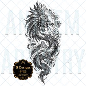 Pode incluir: Uma ilustração digital a preto e branco de uma divindade serpente emplumada com padrões de escamas intrincados e um cocar, enrolada sobre uma pirâmide escalonada. Um emblema circular exibe o texto 8 Designs PNG High Resolution 2560 X 3840 px.