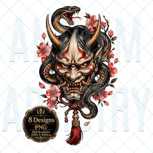 Hannya Mask PNG-paket Vol 1 | 8 designer | Hög upplösning 4K | Tatueringsblixt | Tryck | Medeltida | Japanska | Demon | Oni | Digital nedladdning