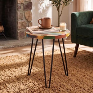 Hand-Carved Reclaimed Wood End Table: Rustic Multicolor Accent Furniture, Holiday Decor Gifts