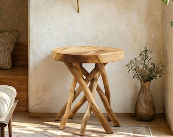Handmade Teak Branch End Table: Natural Wood Accent Furniture (16x16x18"), Holiday Decor Gifts