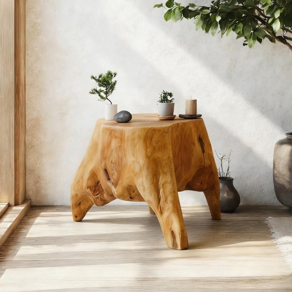 Taburete artesanal de raíz de cedro: Mesa auxiliar rústica o soporte para plantas, ideal como regalo o decoración navideña.