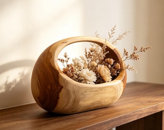 Handmade Teak Wooden  Basket with Handle: Rustic Wooden Display, Housewarming Gift, Holiday Decor Gifts