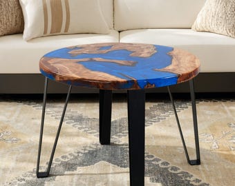 Handmade Epoxy Resin Coffee Table, Round Wood Side Table, Live Edge, Blue & Green