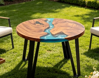 Ocean Wave Epoxy Resin Side Table, Blue Round Mid Century End Table, Housewarming Gift