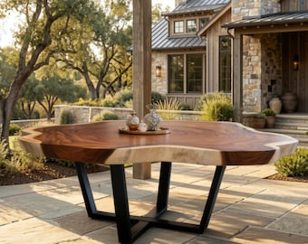 76.75" Round Handcrafted Live Edge Acacia Wood Dining Table with Heavy Iron Legs