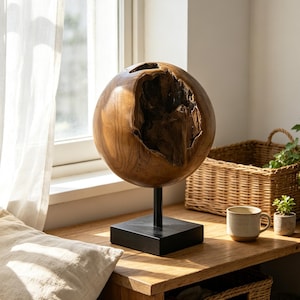 May include: A spherical brown wooden sculpture with a hollowed-out center, mounted on a black metal rod and a square black base. The natural wood grain is visible across the surface, showcasing a rugged, organic texture within the central cavity.