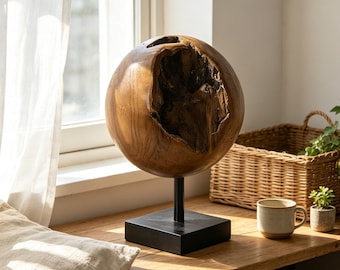 Handcrafted Teak Wood Globe Sculpture: Rustic Home Decor Accent, Holiday Decor Gifts