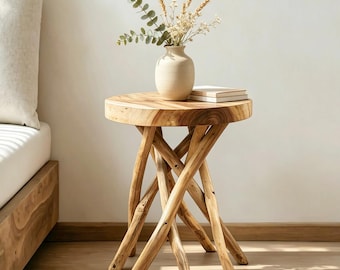 Handmade Teak Branch End Table, Natural Wood Stick Leg Accent Furniture, 16"x16"x18"
