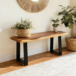 Live Edge Acacia Wood Bench: Rustic Modern Entryway Accent with Black Metal Base