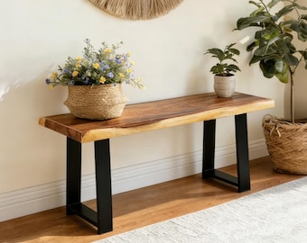 Live Edge Acacia Wood Bench: Rustic Modern Entryway Accent with Black Metal Base
