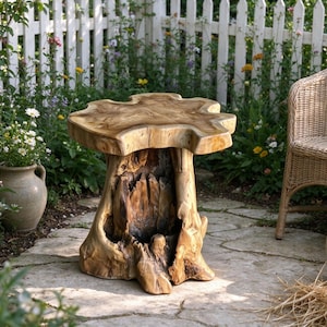 Handcrafted Teak Root Stump Stool, Live Edge Side Table, Organic Boho Accent Table (19.5" Tall)