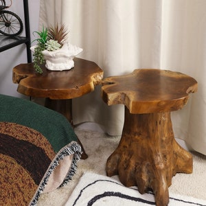 May include: Two wooden end tables with natural brown wood grain. The tables are shaped like tree stumps with a round top. The table on the left has a white ceramic planter with a succulent plant on top. The table on the right is on a white rug with black stripes.