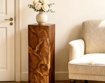 Teak Wood Pedestal Side Table, Square Sculptural Plant Stand, Organic Modern End Table, Handmade Wooden Accent Furniture