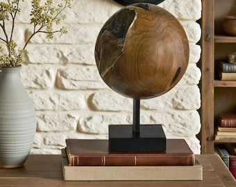 Handcrafted Teak Wood Globe Sculpture: Rustic Home Decor Accent, Holiday Decor Gifts
