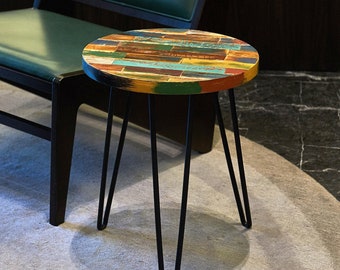 Hand-Carved Reclaimed Wood End Table: Rustic Multicolor Accent Furniture, Holiday Decor Gifts