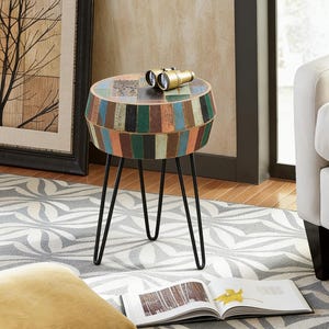 Hand-Carved Reclaimed Wood Side Table: Colorful Boho Drum with Hairpin Legs, Holiday Decor Gifts
