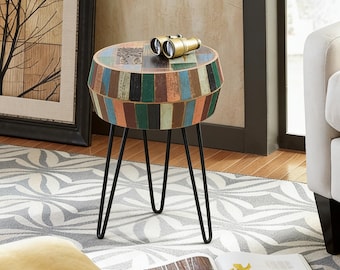 Hand-Carved Reclaimed Wood Side Table: Colorful Boho Drum with Hairpin Legs, Holiday Decor Gifts