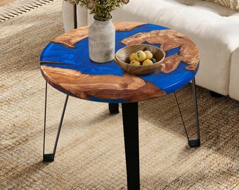 Round Resin Coffee Table – Blue & Green, Reclaimed Wood, Unique Handmade, Modern Living Room