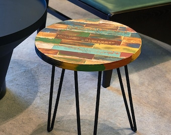Hand-Carved Reclaimed Wood End Table: Rustic Multicolor Accent Furniture, Holiday Decor Gifts