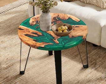 Handmade Round Acacia Wood Resin Coffee Table, Blue/Green Epoxy Art, Modern Rustic Furniture