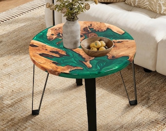 Round Resin Coffee Table – Blue & Green, Reclaimed Wood, Unique Handmade, Modern Living Room