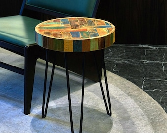 Hand-Carved Reclaimed Wood End Table: Rustic Accent Furniture, Holiday Decor Gifts