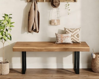 Rustic Acacia Wood Bench with Butterfly Inlay – Farmhouse Entryway Decor, Live Edge Design